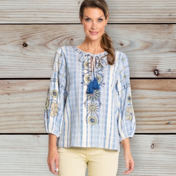 EMBROIDERED Tassel TIE NECK PEASANT TOP blue/cream stripe NWT Sz S - Picture 1 of 6